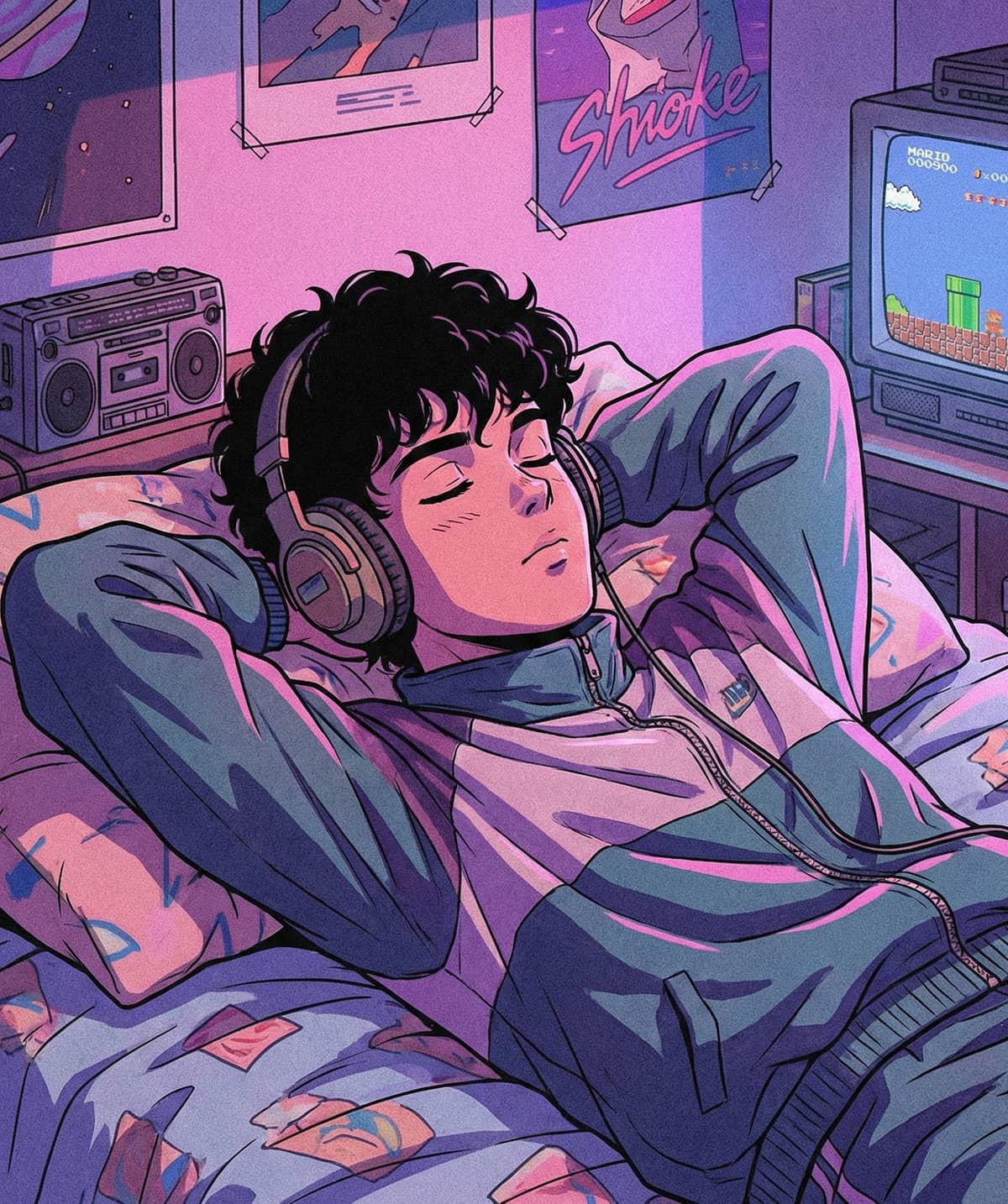 Retro bedroom dreamscape illustration